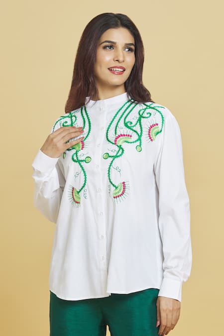 Buy_Aiman_Ivory Cotton Embroidery Bandeau Neck Venus Flytrap Shirt_Online_at_Aza_Fashions