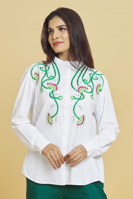 Shop_Aiman_Ivory Cotton Embroidery Bandeau Neck Venus Flytrap Shirt_Online_at_Aza_Fashions