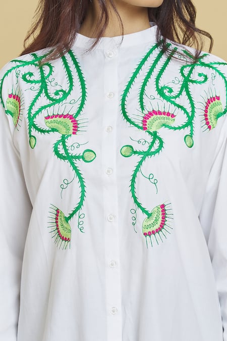 Aiman_Ivory Cotton Embroidery Bandeau Neck Venus Flytrap Shirt_at_Aza_Fashions