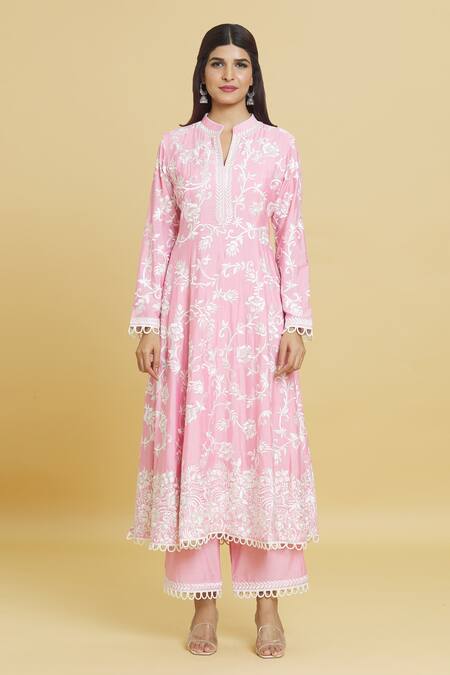 Aiman_Pink Cotton, Silk Embroidery, Lace Mandarin Floral Jaal Anarkali Pant Set_Online_at_Aza_Fashions