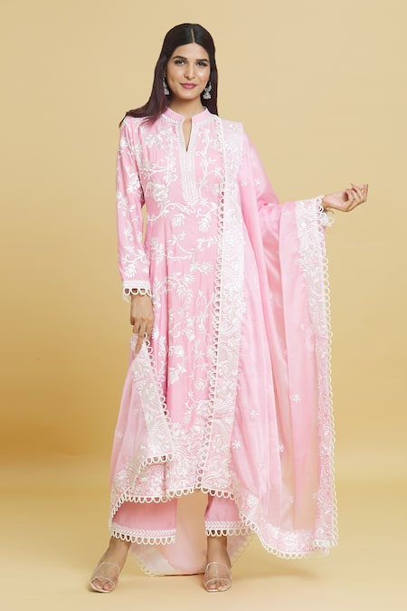 Shop_Aiman_Pink Cotton, Silk Embroidery, Lace Mandarin Floral Jaal Anarkali Pant Set_Online_at_Aza_Fashions