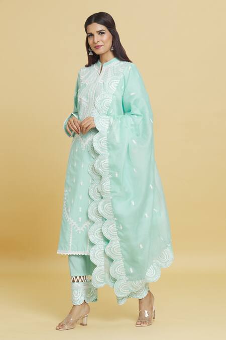 Aiman_Blue Cotton, Silk Lace, Embroidery Mandarin Collar Paisley Kurta Pant Set_Online_at_Aza_Fashions