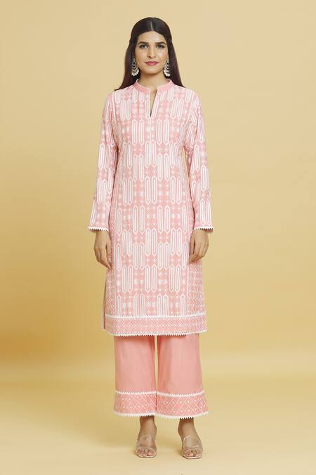 Aiman_Pink Cotton, Silk Lace, Embroidery Mandarin Collar Geometric Kurta Pant Set_Online_at_Aza_Fashions