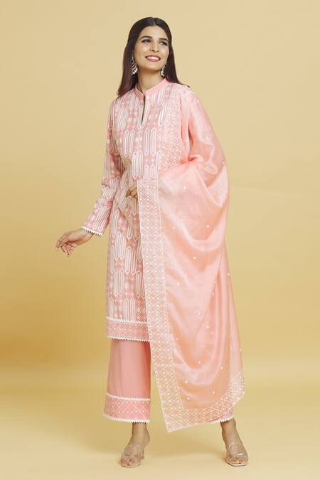 Shop_Aiman_Pink Cotton, Silk Lace, Embroidery Mandarin Collar Geometric Kurta Pant Set_Online_at_Aza_Fashions