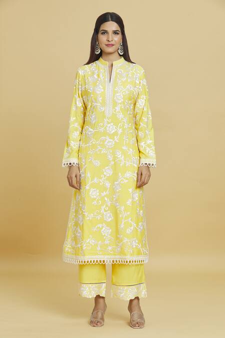 Aiman_Yellow Cotton, Silk Lace, Embroidery Mandarin Collar Thread Kurta Set_Online_at_Aza_Fashions