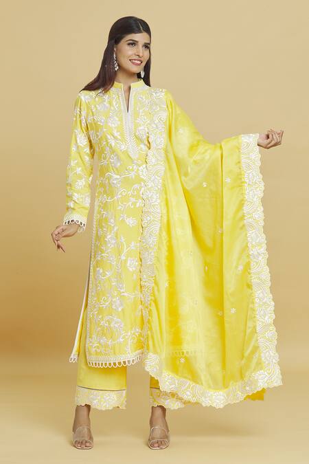 Aiman_Yellow Cotton, Silk Lace, Embroidery Mandarin Collar Thread Kurta Set_at_Aza_Fashions
