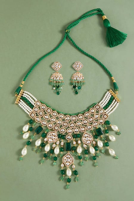 Shop Joules By Radhika Gold Plated Pearls, Stones, Metallic Thread Jade And Drops Necklace Set at Aza Fashions Shop_Joules By Radhika_Gold Plated Pearls, Stones, Metallic Thread Jade And Drops Necklace Set _at_Aza_Fashions