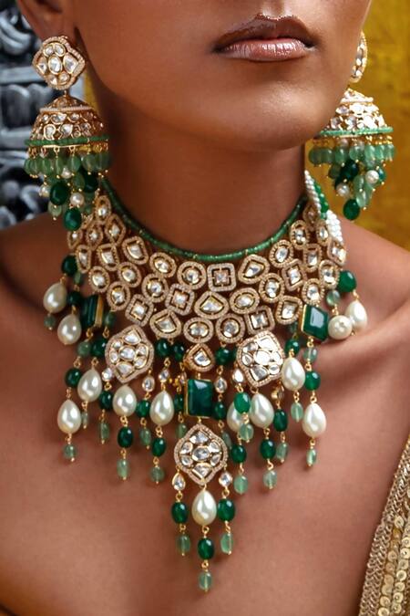 Joules By Radhika Gold Plated Pearls, Stones, Metallic Thread Jade And Drops Necklace Set Online at Aza Fashions Joules By Radhika_Gold Plated Pearls, Stones, Metallic Thread Jade And Drops Necklace Set _Online_at_Aza_Fashions