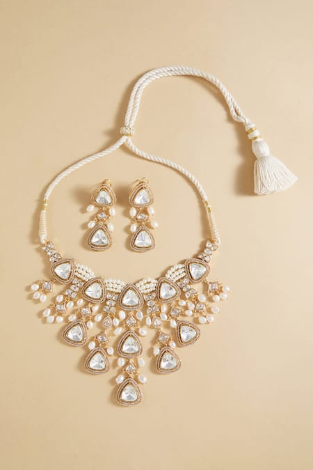 Shop Joules By Radhika Gold Plated Pearls, Piping, Zari Polki And Embellished Necklace Set at Aza Fashions Shop_Joules By Radhika_Gold Plated Pearls, Piping, Zari Polki And Embellished Necklace Set _at_Aza_Fashions