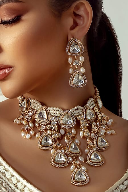 Joules By Radhika Gold Plated Pearls, Piping, Zari Polki And Embellished Necklace Set Online at Aza Fashions Joules By Radhika_Gold Plated Pearls, Piping, Zari Polki And Embellished Necklace Set _Online_at_Aza_Fashions