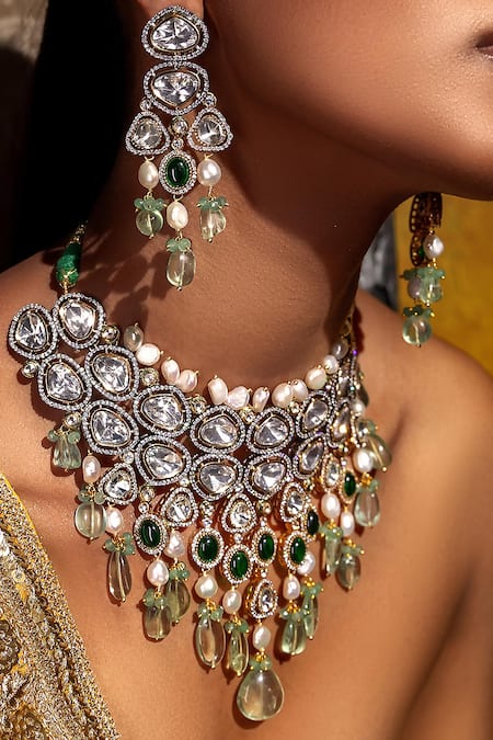 Joules By Radhika_Green Pearls, Piping, Stones Fluoride And Polki Embellished Necklace Set_Online_at_Aza_Fashions