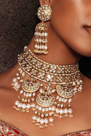 Joules by Radhika Gold Plated Pearls, Studs And Polki Embellished Necklace Set Online at Aza Fashions Joules by Radhika_Gold Plated Pearls, Studs And Polki Embellished Necklace Set_Online_at_Aza_Fashions