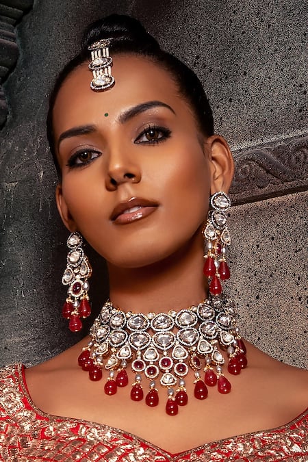 joules by radhika Red Polki Embellished Necklace Set