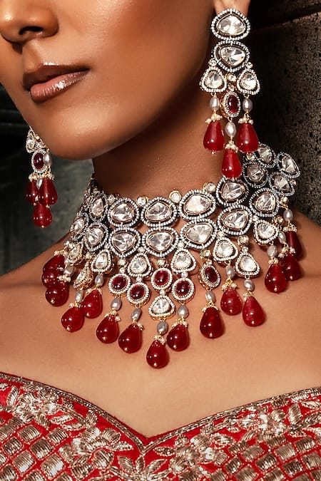 Joules By Radhika_Red Pearls, Rhinestones Polki Embellished Necklace Set_Online_at_Aza_Fashions