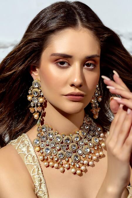 Joules By Radhika_Gold Plated Pearls, Piping, Cut Work Baroque And Polki Embellished Necklace Set_Online_at_Aza_Fashions