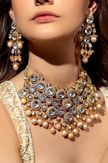 Buy_Joules By Radhika_Gold Plated Pearls, Piping, Cut Work Baroque And Polki Embellished Necklace Set_Online_at_Aza_Fashions