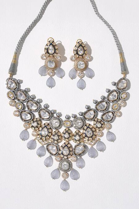 Shop Joules By Radhika Grey Applique Polki And Carved Stone Necklace Set at Aza Fashions Shop_Joules By Radhika_Grey Applique Polki And Carved Stone Necklace Set_at_Aza_Fashions