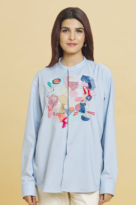 Aiman_Blue Cotton Embroidery Mandarin Collar Abstract Doodle Shirt_Online_at_Aza_Fashions