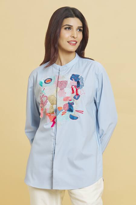 Buy_Aiman_Blue Cotton Embroidery Mandarin Collar Abstract Doodle Shirt_Online_at_Aza_Fashions
