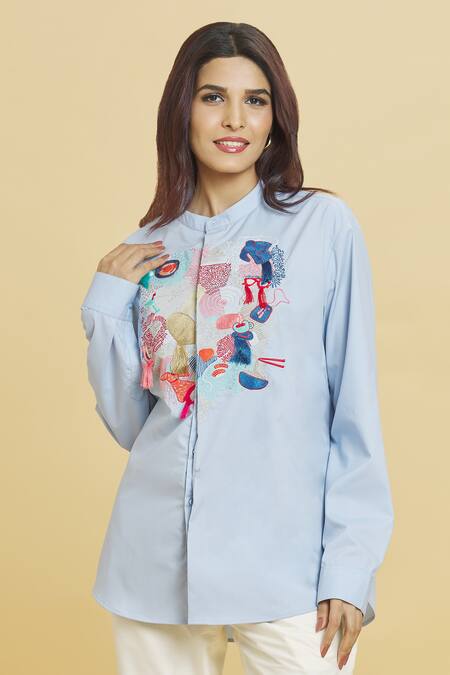 Shop_Aiman_Blue Cotton Embroidery Mandarin Collar Abstract Doodle Shirt_Online_at_Aza_Fashions