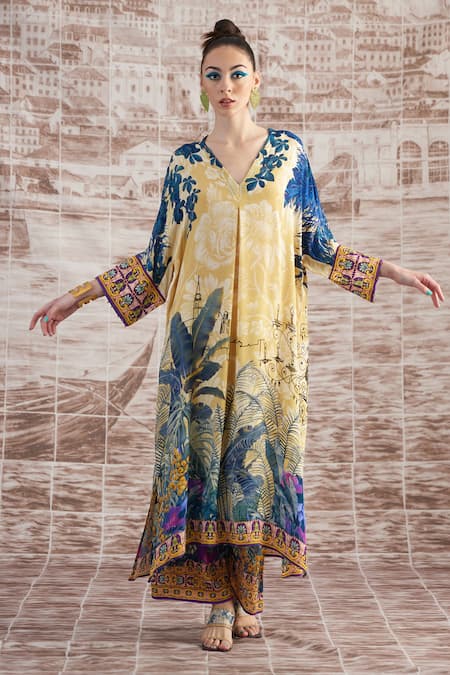 Rajdeep Ranawat Yellow Silk Digital Printed Banera Kimono Tunic And Flared Pant Set 