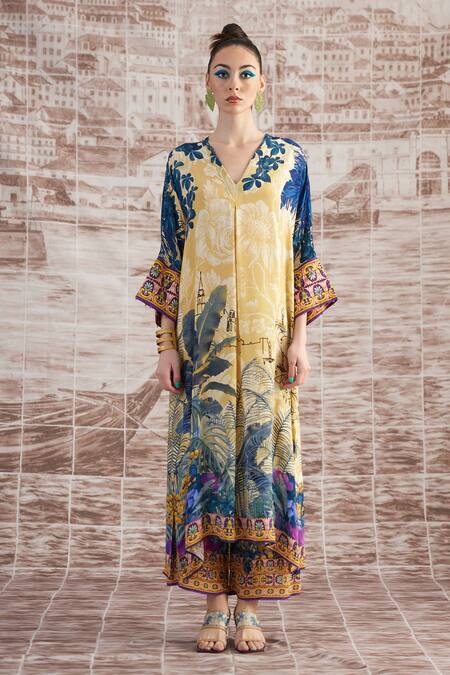 Rajdeep Ranawat_Yellow Silk V-neck Banera Floral Print Kimono Tunic And Flared Pant Set_Online_at_Aza_Fashions
