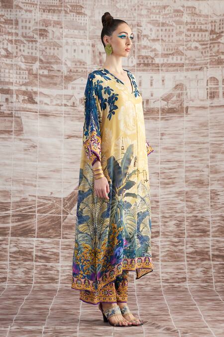Buy_Rajdeep Ranawat_Yellow Silk V-neck Banera Floral Print Kimono Tunic And Flared Pant Set_Online_at_Aza_Fashions