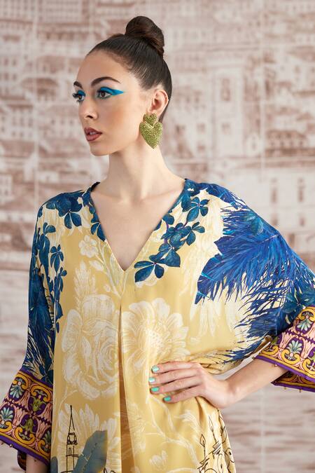 Shop_Rajdeep Ranawat_Yellow Silk V-neck Banera Floral Print Kimono Tunic And Flared Pant Set_Online_at_Aza_Fashions