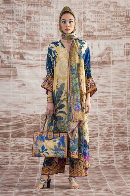 Rajdeep Ranawat_Yellow Silk V-neck Banera Floral Print Kimono Tunic And Flared Pant Set_at_Aza_Fashions
