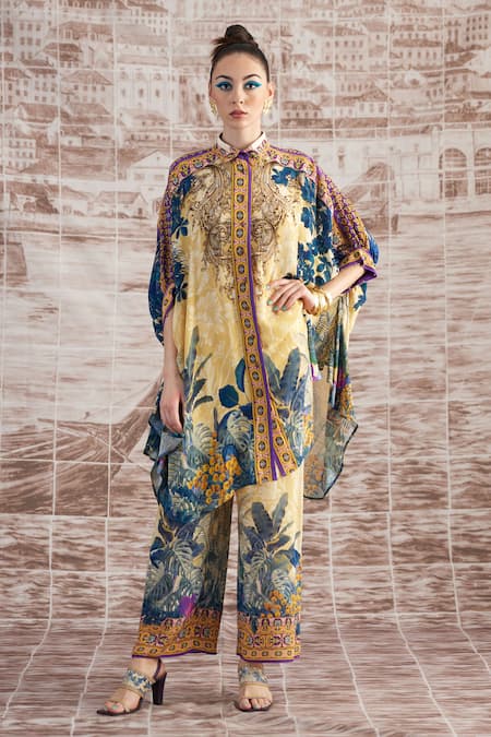 Rajdeep Ranawat_Yellow Silk Split V-neck Kamara Printed Shirt Tunic And Flared Pant Set_Online_at_Aza_Fashions
