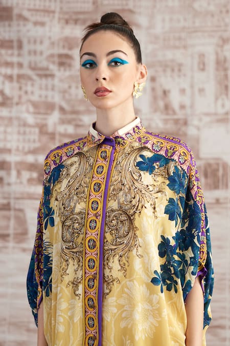 Buy_Rajdeep Ranawat_Yellow Silk Split V-neck Kamara Printed Shirt Tunic And Flared Pant Set_Online_at_Aza_Fashions