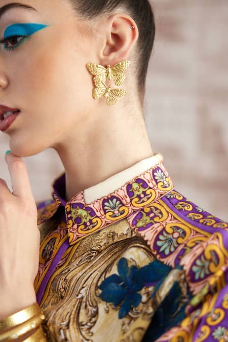 Shop_Rajdeep Ranawat_Yellow Silk Split V-neck Kamara Printed Shirt Tunic And Flared Pant Set_Online_at_Aza_Fashions