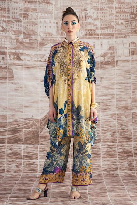 Rajdeep Ranawat_Yellow Silk Split V-neck Kamara Printed Shirt Tunic And Flared Pant Set_at_Aza_Fashions