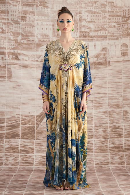 Rajdeep Ranawat_Yellow Silk Embroidery V-neck Imama Florette Print Kaftan _Online_at_Aza_Fashions
