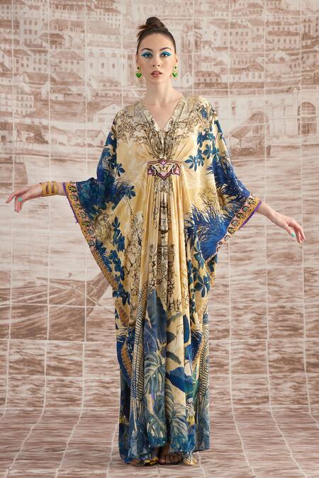 Buy_Rajdeep Ranawat_Yellow Silk Embroidery V-neck Imama Florette Print Kaftan _Online_at_Aza_Fashions