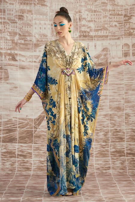Shop_Rajdeep Ranawat_Yellow Silk Embroidery V-neck Imama Florette Print Kaftan _Online_at_Aza_Fashions