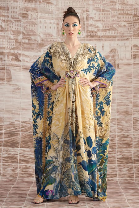 Rajdeep Ranawat_Yellow Silk Embroidery V-neck Imama Florette Print Kaftan _at_Aza_Fashions