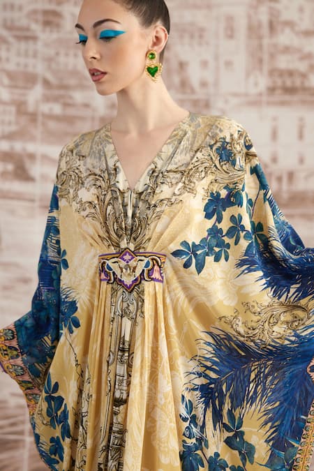 Buy_Rajdeep Ranawat_Yellow Silk Embroidery V-neck Imama Florette Print Kaftan 