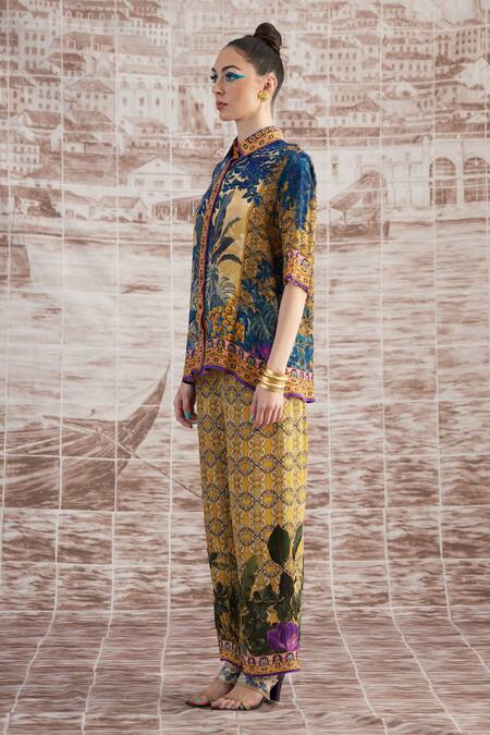 Rajdeep Ranawat_Yellow Silk Split V-neck Maizah Digital Printed Shirt And Pant Set_Online_at_Aza_Fashions