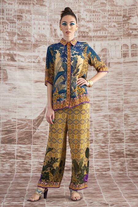Buy_Rajdeep Ranawat_Yellow Silk Split V-neck Maizah Digital Printed Shirt And Pant Set_Online_at_Aza_Fashions