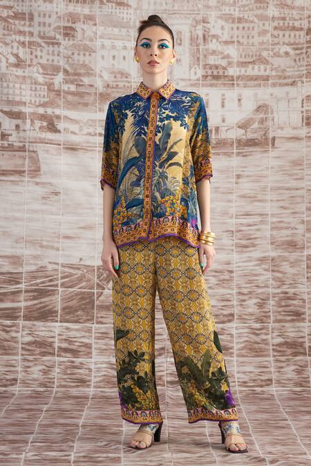 Shop_Rajdeep Ranawat_Yellow Silk Split V-neck Maizah Digital Printed Shirt And Pant Set_Online_at_Aza_Fashions