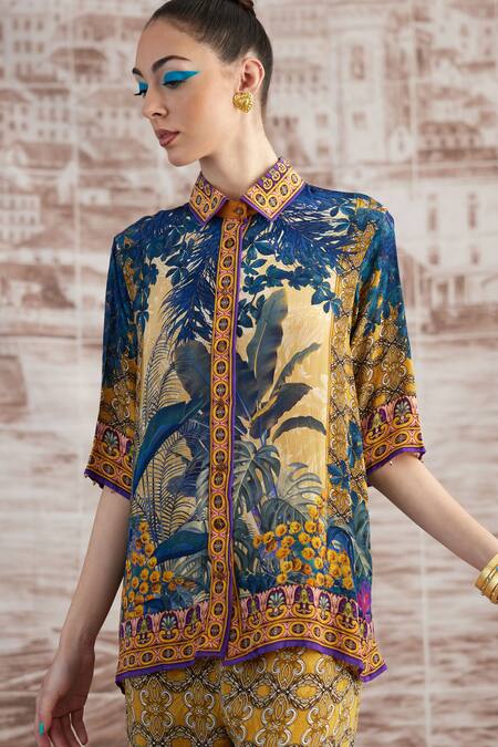 Rajdeep Ranawat_Yellow Silk Split V-neck Maizah Digital Printed Shirt And Pant Set_at_Aza_Fashions