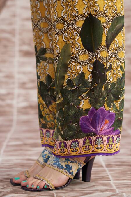 Buy_Rajdeep Ranawat_Yellow Silk Split V-neck Maizah Digital Printed Shirt And Pant Set