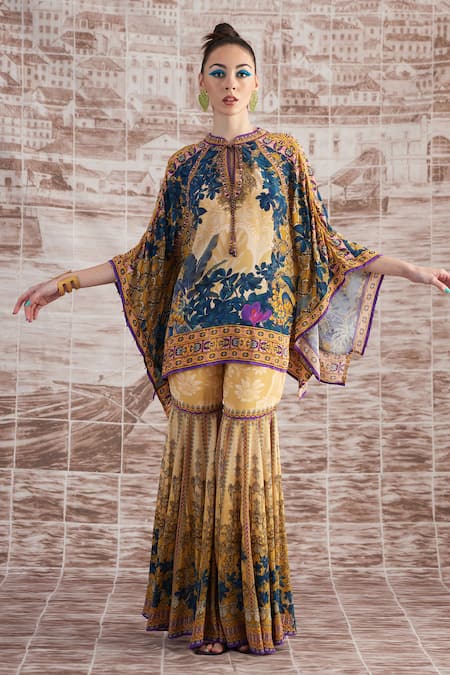 Shop_Rajdeep Ranawat_Yellow Silk Mandarin Collar Vagator Ramona Printed Poncho And Sharara Set_Online_at_Aza_Fashions