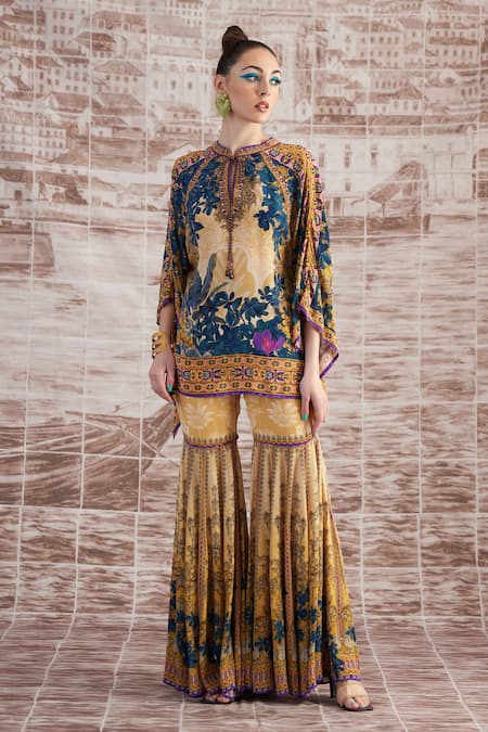 Rajdeep Ranawat_Yellow Silk Mandarin Collar Vagator Ramona Printed Poncho And Sharara Set_Online_at_Aza_Fashions