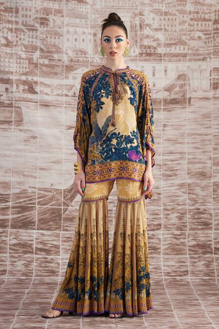 Buy_Rajdeep Ranawat_Yellow Silk Mandarin Collar Vagator Ramona Printed Poncho And Sharara Set_Online_at_Aza_Fashions