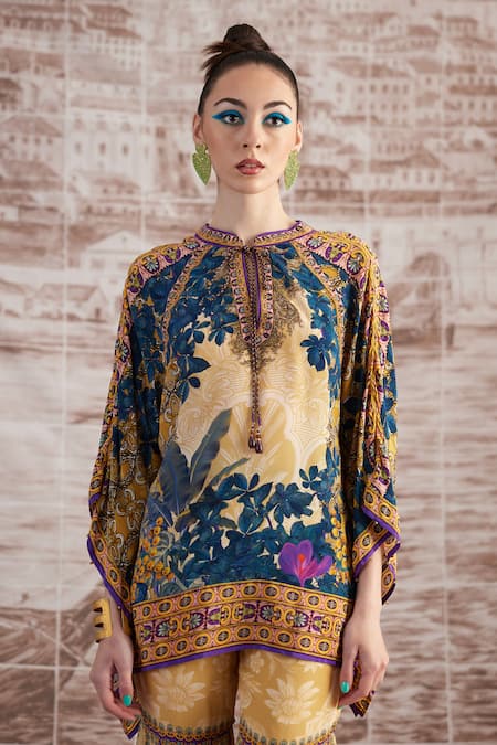 Rajdeep Ranawat_Yellow Silk Mandarin Collar Vagator Ramona Printed Poncho And Sharara Set_at_Aza_Fashions