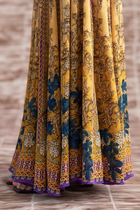 Buy_Rajdeep Ranawat_Yellow Silk Mandarin Collar Vagator Ramona Printed Poncho And Sharara Set