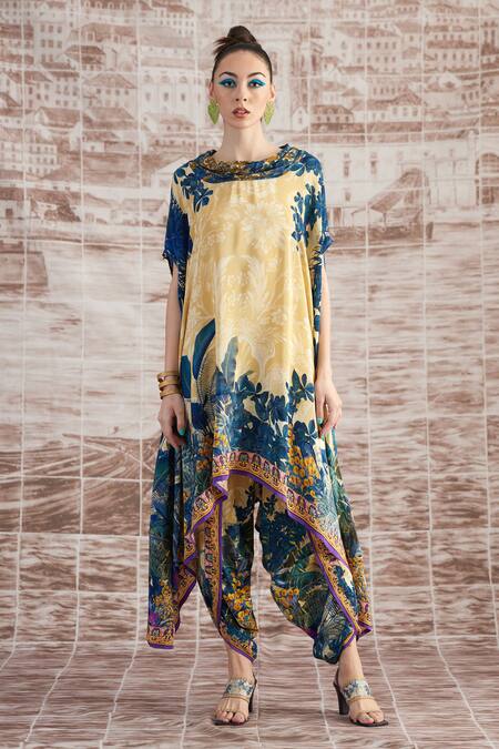 Shop Rajdeep Ranawat Yellow Silk Cowl Neck Vagator Lavanya Draped Tunic And Dhoti Pant Set at Aza Fashions Shop_Rajdeep Ranawat_Yellow Silk Cowl Neck Vagator Lavanya Draped Tunic And Dhoti Pant Set_at_Aza_Fashions