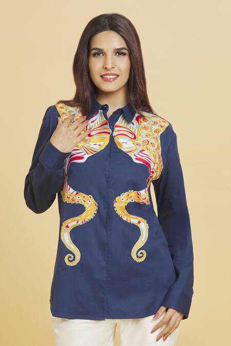 Buy_Aiman_Blue Cotton Embroidery Collared Octopus Shirt_Online_at_Aza_Fashions
